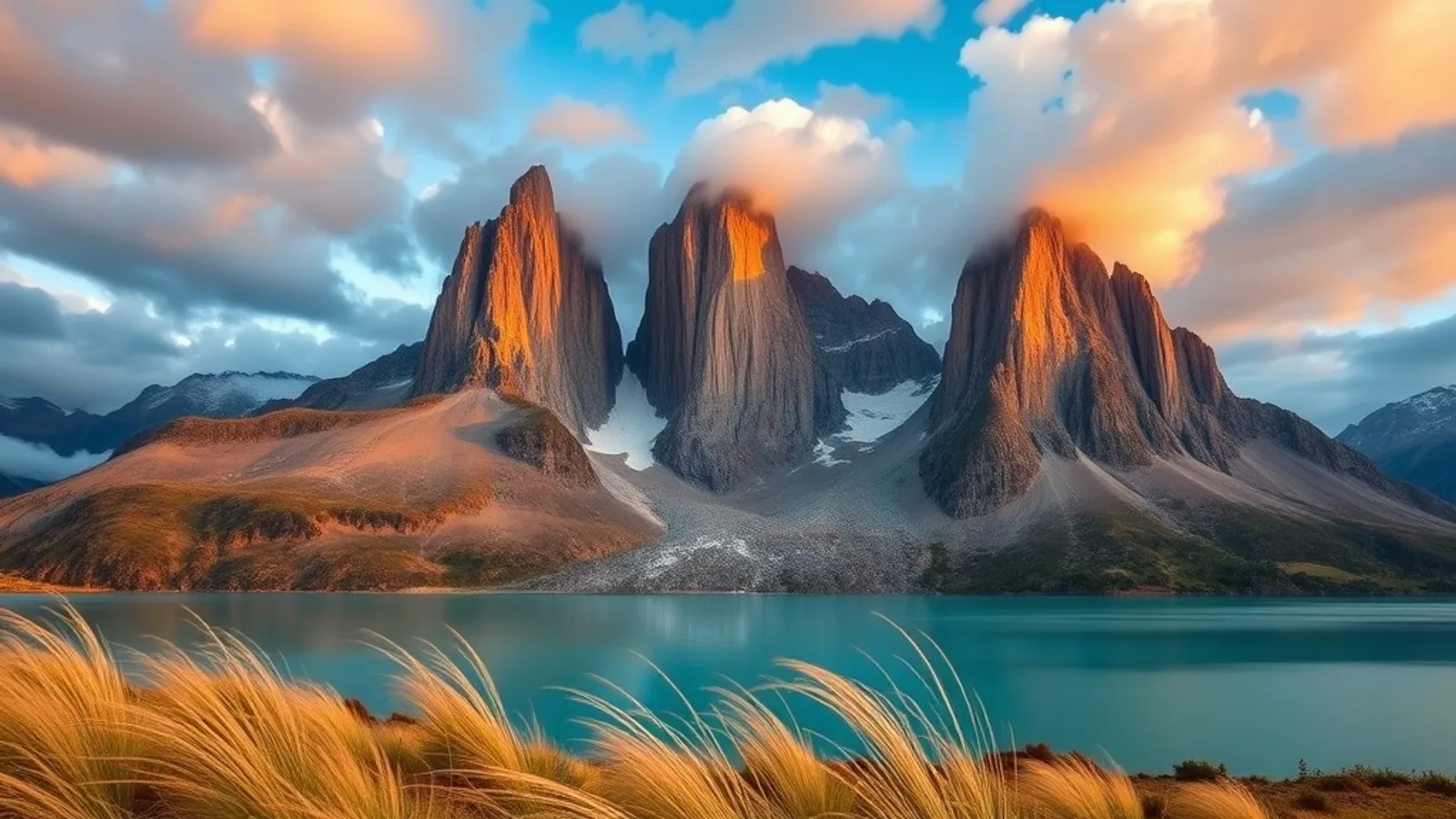 Torres del Paine landscape β the wind decides what a trek day looks like Torres del Paine: the three granite towers over a turquoise glacial lake and wind-bent steppe grass